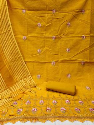 Women'S Yellow Cotton Embroidered Unstitched Dress Material 2