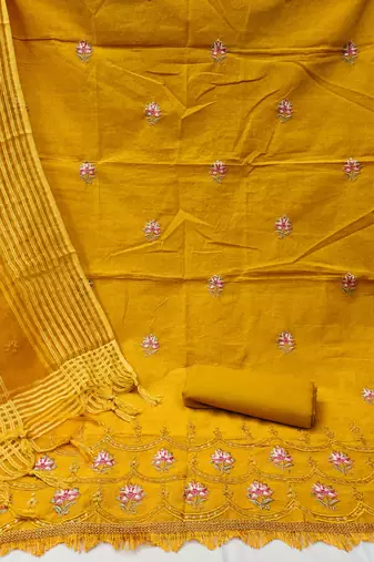 Women'S Yellow Cotton Embroidered Unstitched Dress Material