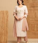 Cream stripe straight suit set with cotton wildflower embroidery in the yoke.