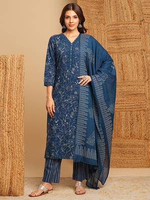 Blue floral straight suit set with lace embellishment at the neckline and cuffs. 1