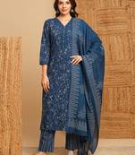 Blue floral straight suit set with lace embellishment at the neckline and cuffs.
