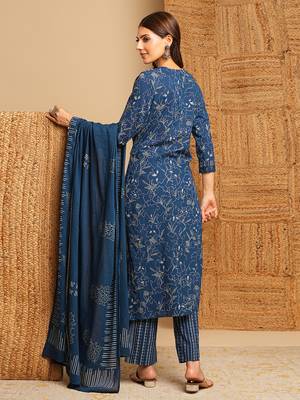 Blue floral straight suit set with lace embellishment at the neckline and cuffs. 2