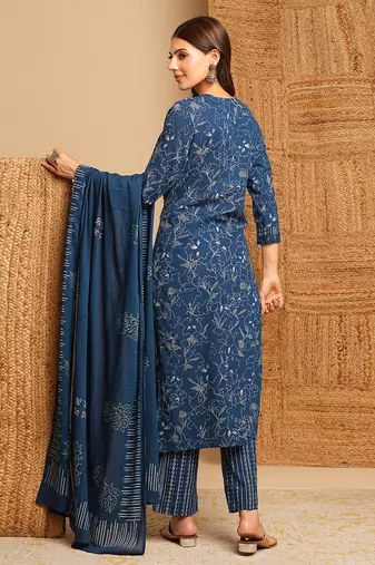 Blue floral straight suit set with lace embellishment at the neckline and cuffs.
