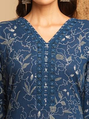 Blue floral straight suit set with lace embellishment at the neckline and cuffs. 3