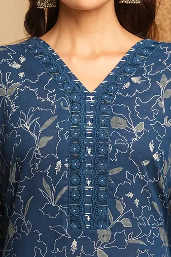 Blue floral straight suit set with lace embellishment at the neckline and cuffs.