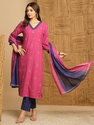Pink dobby v-neck straight suit set with minimal hand embroidery highlighted with oxidised trims. 1