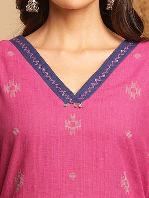 Pink dobby v-neck straight suit set with minimal hand embroidery highlighted with oxidised trims. 3
