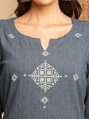 Dobby straight suit set with minimal block print and hand work. 3