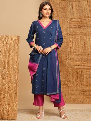 Purple dobby v-neck straight suit set with minimal hand embroidery highlighted with oxidised trims. 1