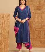 Purple dobby v-neck straight suit set with minimal hand embroidery highlighted with oxidised trims.