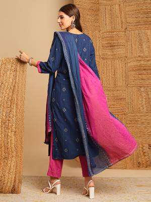 Purple dobby v-neck straight suit set with minimal hand embroidery highlighted with oxidised trims. 2