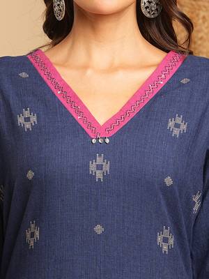 Purple dobby v-neck straight suit set with minimal hand embroidery highlighted with oxidised trims. 3