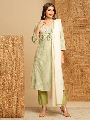 Light green straight suit set with delicate lace detailing on the panels and cuffs. 1