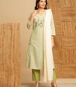 Light green straight suit set with delicate lace detailing on the panels and cuffs.