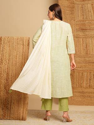 Light green straight suit set with delicate lace detailing on the panels and cuffs. 2