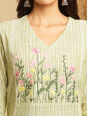Light green straight suit set with delicate lace detailing on the panels and cuffs. 3