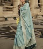 Sky Blue Banarasi Silk Zari Weaving Border And Rich Pallu Saree With Blouse For Women