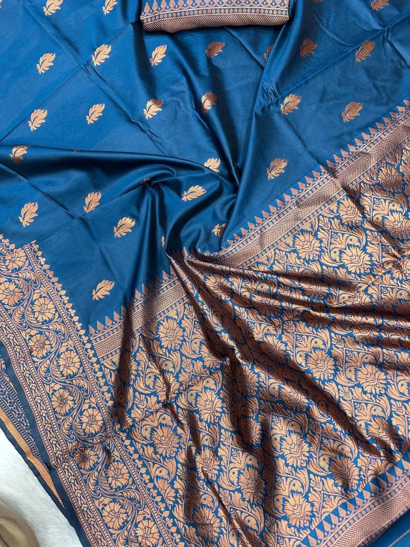 Festive Shimmer Rich Lichi Silk Saree With Shiny Zari Leaf Buttis, Border & Matching Blouse
