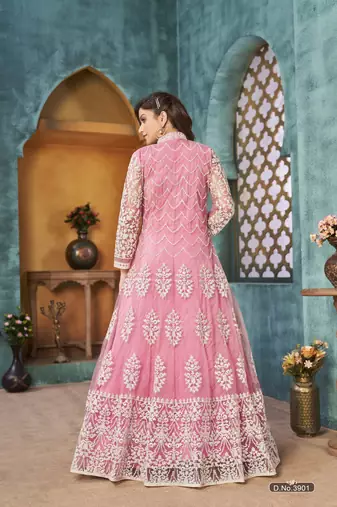 Pink embroidered net anarkali suit
