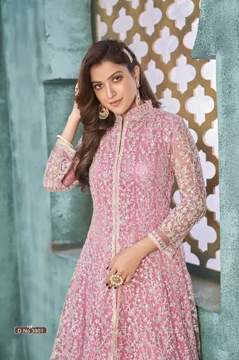 Pink embroidered net anarkali suit