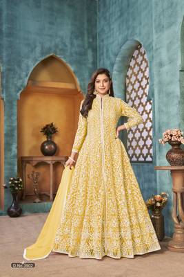 Yellow embroidered net anarkali suit 1