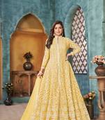 Yellow embroidered net semi stitched anarkali suit