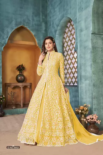 Yellow embroidered net anarkali suit
