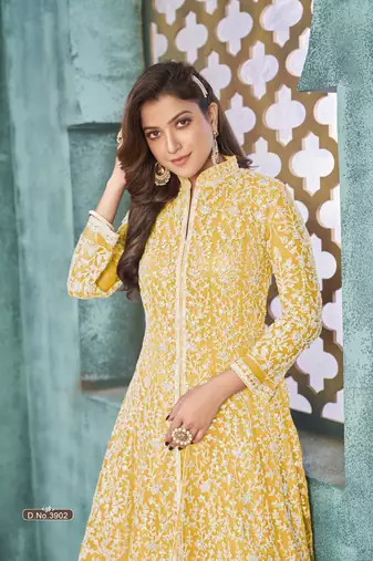Yellow embroidered net anarkali suit