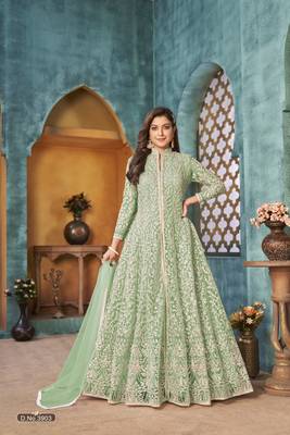 Light green embroidered net anarkali suit 1