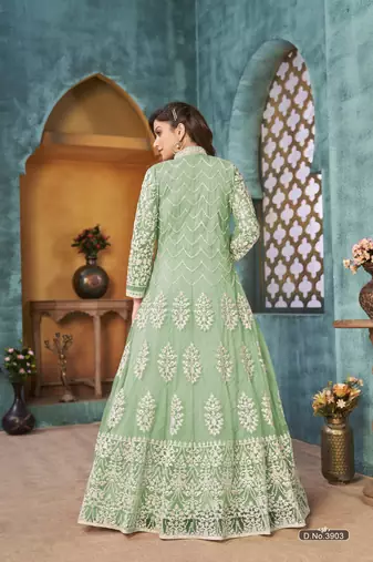 Light green embroidered net anarkali suit