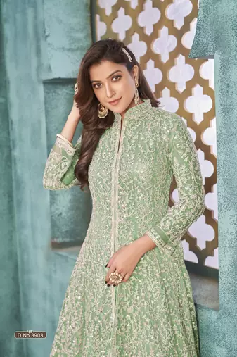 Light green embroidered net anarkali suit