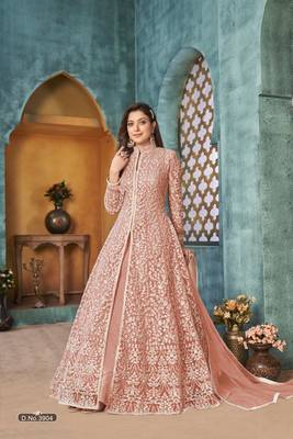 Peach embroidered net anarkali suit 1