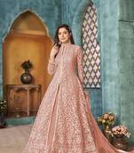Peach embroidered net semi stitched anarkali suit