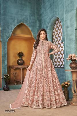 Peach embroidered net anarkali suit 2