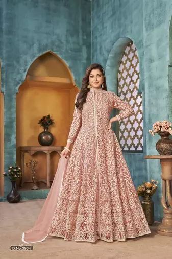 Peach embroidered net anarkali suit