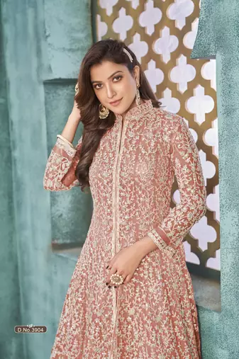 Peach embroidered net anarkali suit