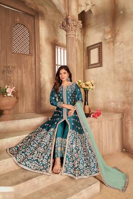 Teal embroidered art silk anarkali suit 1