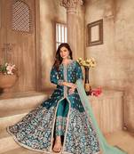 Teal embroidered art silk semi stitched anarkali suit