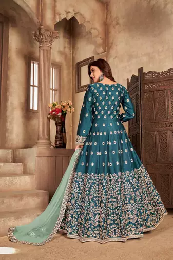 Teal embroidered art silk anarkali suit