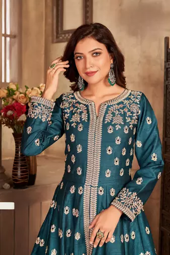 Teal embroidered art silk anarkali suit