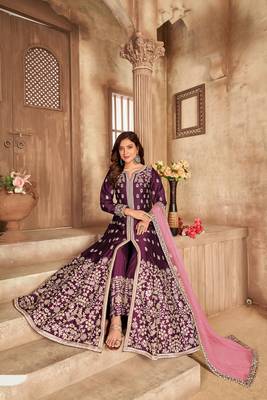 Purple embroidered art silk anarkali suit 1