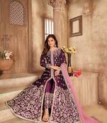 Purple embroidered art silk semi stitched anarkali suit