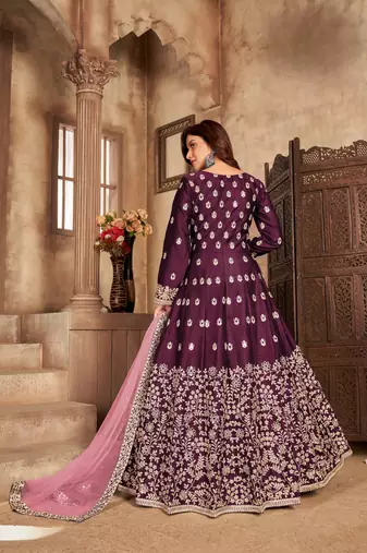 Purple embroidered art silk anarkali suit