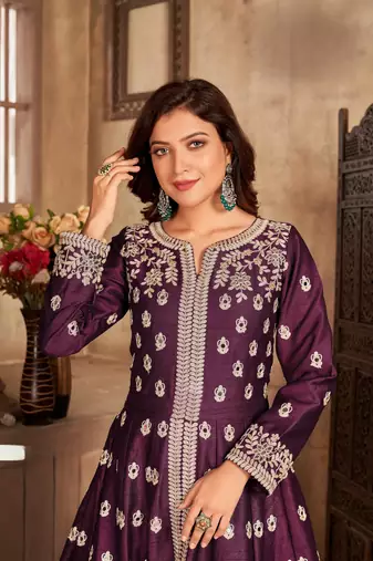 Purple embroidered art silk anarkali suit