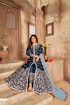Navy blue embroidered art silk anarkali suit 1