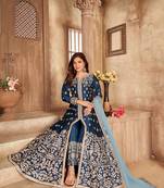 Navy blue embroidered art silk semi stitched anarkali suit