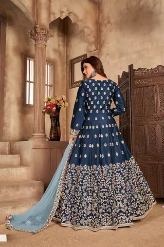Navy blue embroidered art silk anarkali suit