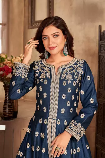 Navy blue embroidered art silk anarkali suit
