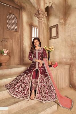 Maroon embroidered art silk anarkali suit 1