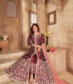 Maroon embroidered art silk semi stitched anarkali suit